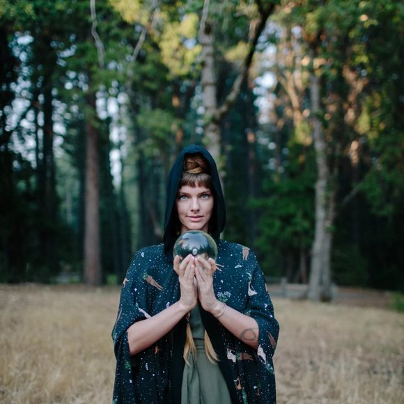 Hooded cape w/ unique "Protection Spell" reversible custom witch print - Picture 2 of 14